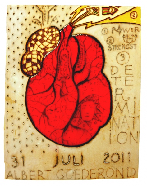 &#039;Mon Coeur&amp;rsquo;.&amp;nbsp;Pyrografie, multiplex, acryl paint.&amp;nbsp;29 x 38 x 0,4 cm. 2011.